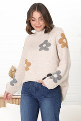 Shay Jumper - Multi Colour Flower Detail Crew Neck Jumper in Oat Marle