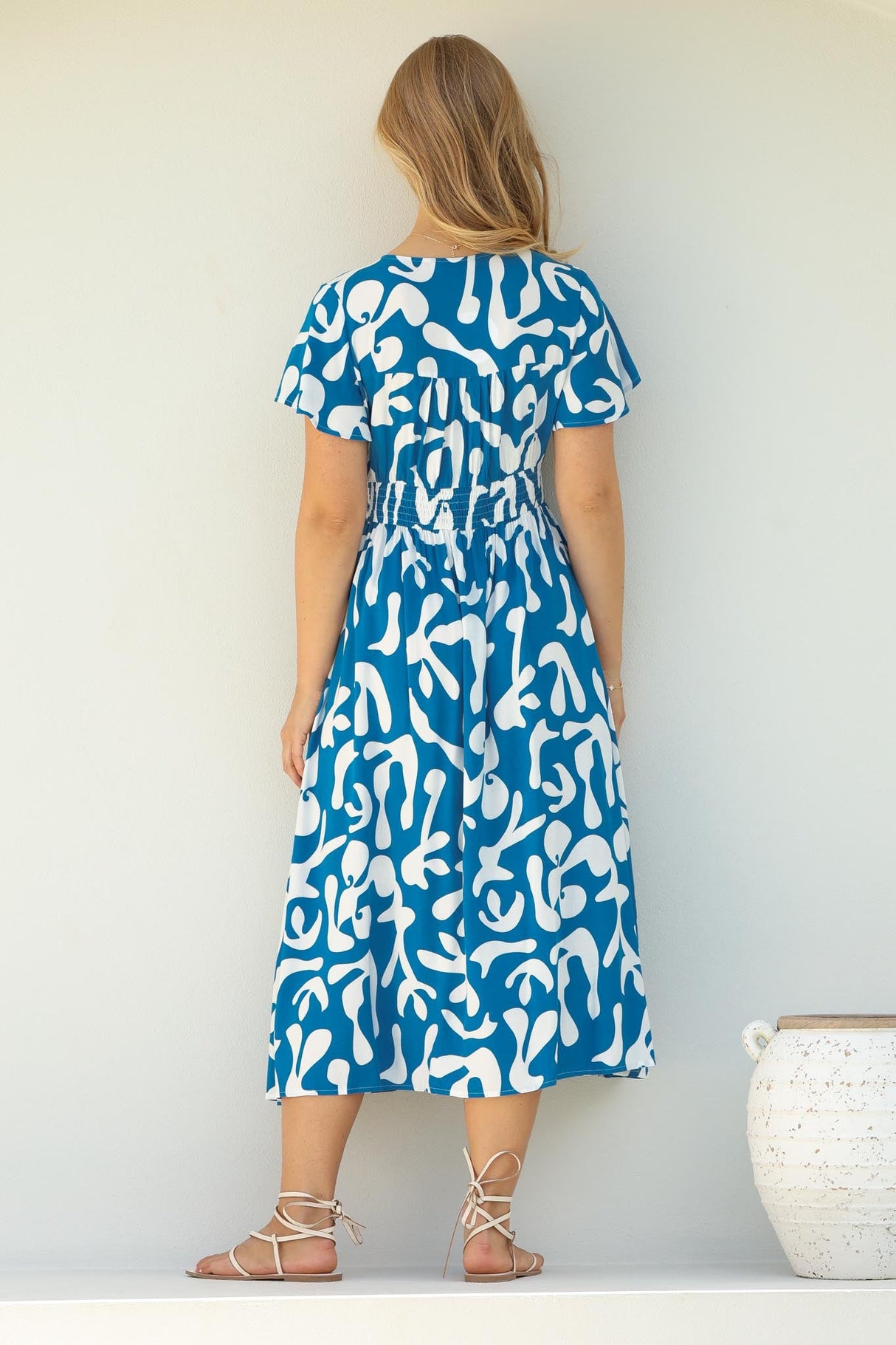 Loya Midi Dress - A Line Cap Sleeve Button Down Dress in Jaxie Print Blue