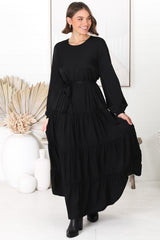 Binita Maxi Dress - Tiered Dress with Matching Belt in Black