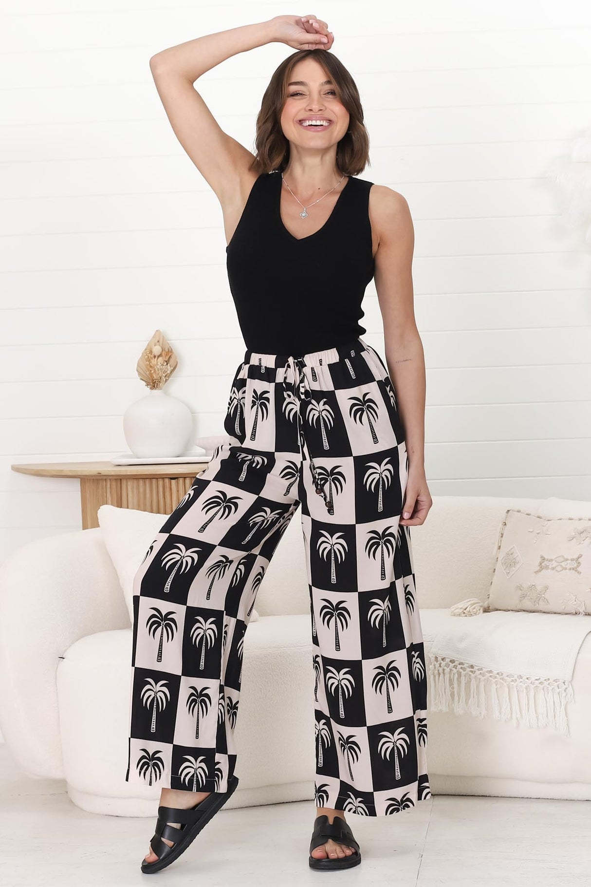 Mahina Pants - High Waisted Straight Leg Pants Nohea Print in Black