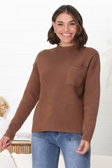 Laney Knit Top - Ribbed Crew Neck Knit Top in Brown