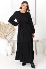 Binita Maxi Dress - Tiered Dress with Matching Belt in Black