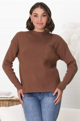 Laney Knit Top - Ribbed Crew Neck Knit Top in Brown