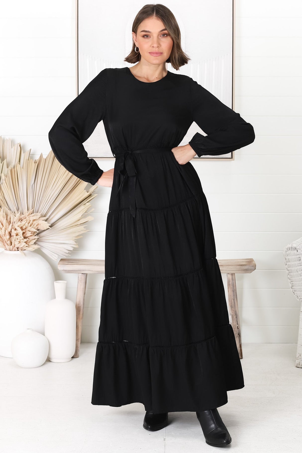 Binita Maxi Dress - Tiered Dress with Matching Belt in Black