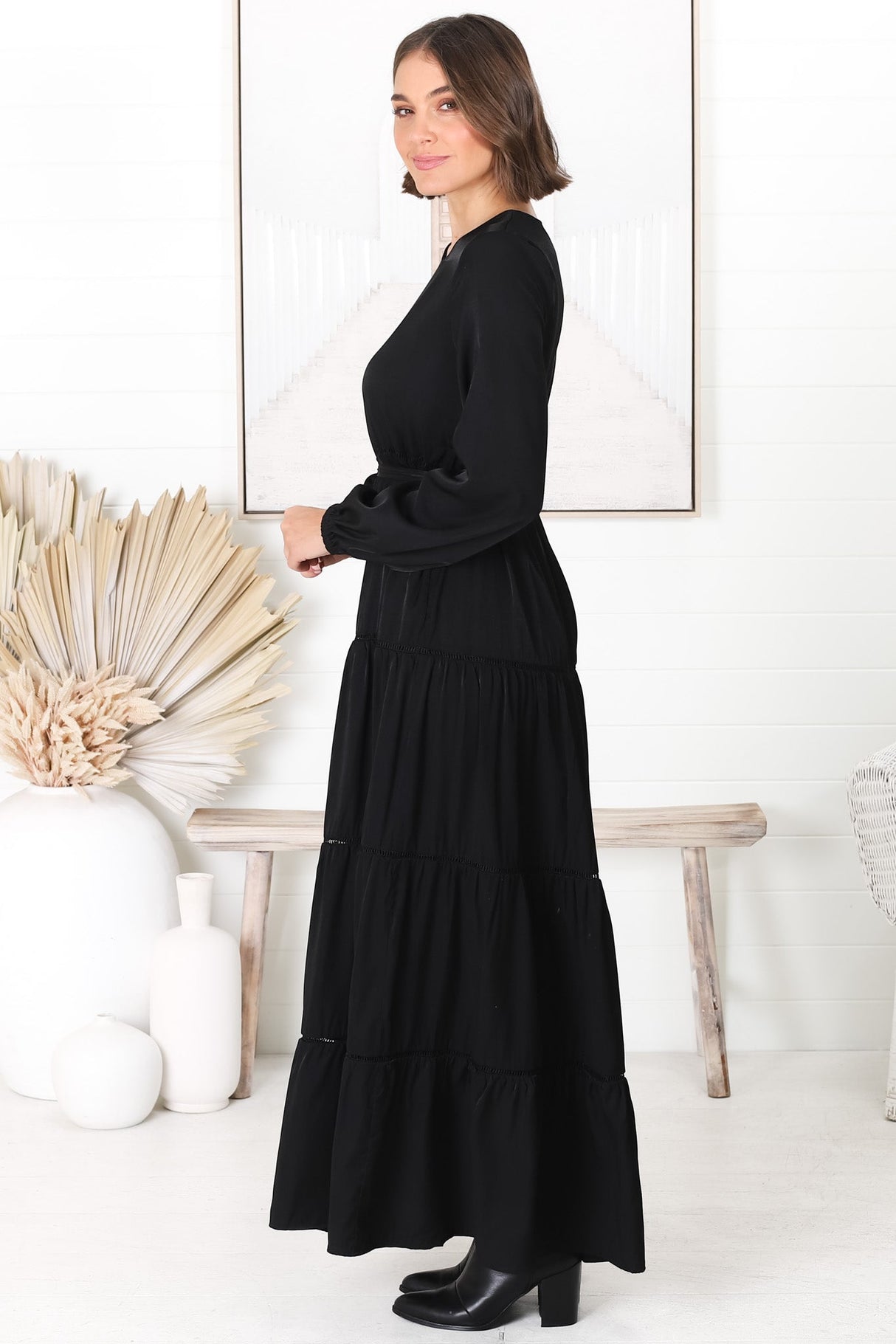 Binita Maxi Dress - Tiered Dress with Matching Belt in Black