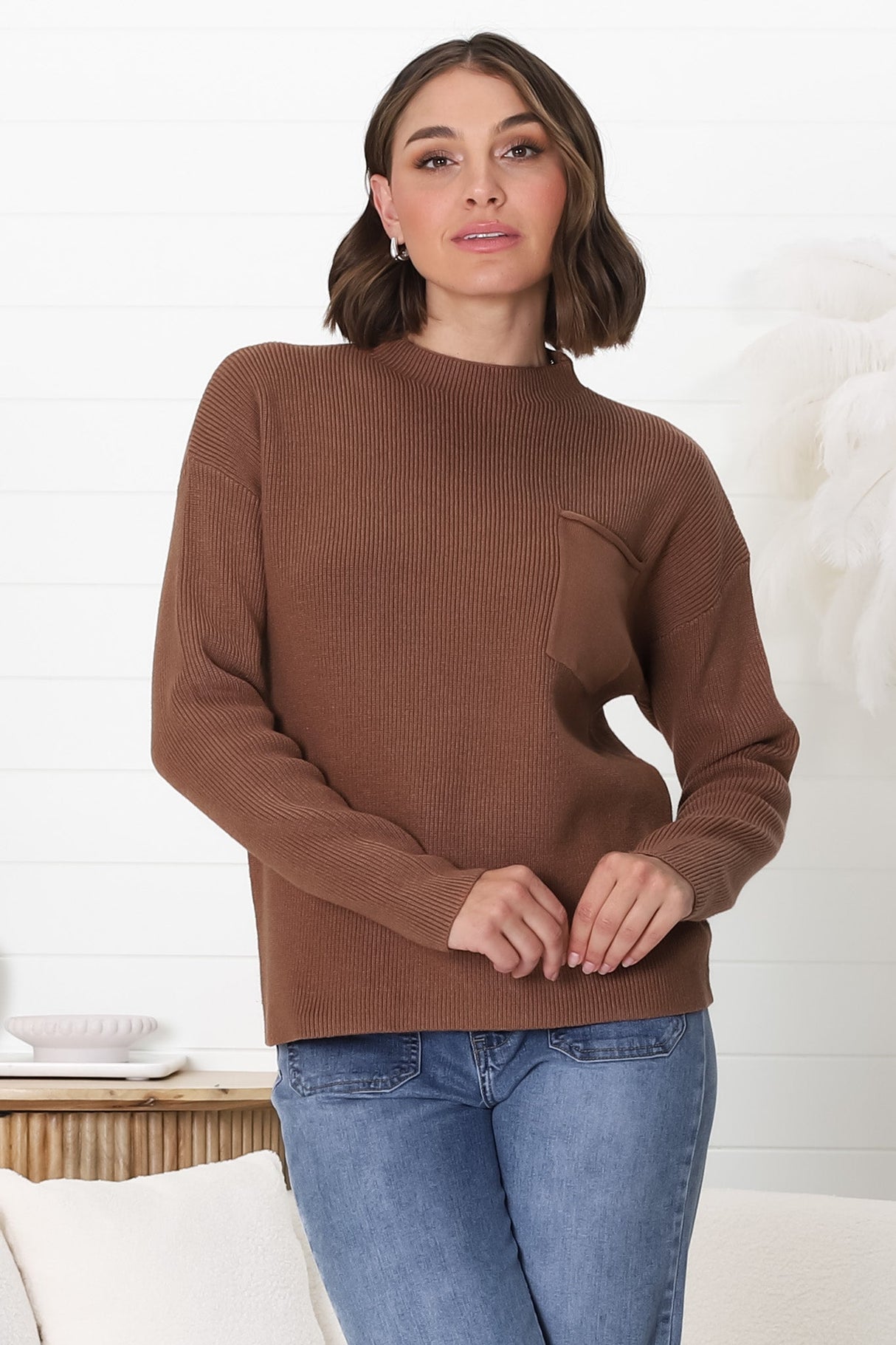 Laney Knit Top - Ribbed Crew Neck Knit Top in Brown