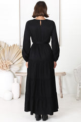 Binita Maxi Dress - Tiered Dress with Matching Belt in Black