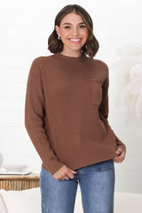 Laney Knit Top - Ribbed Crew Neck Knit Top in Brown