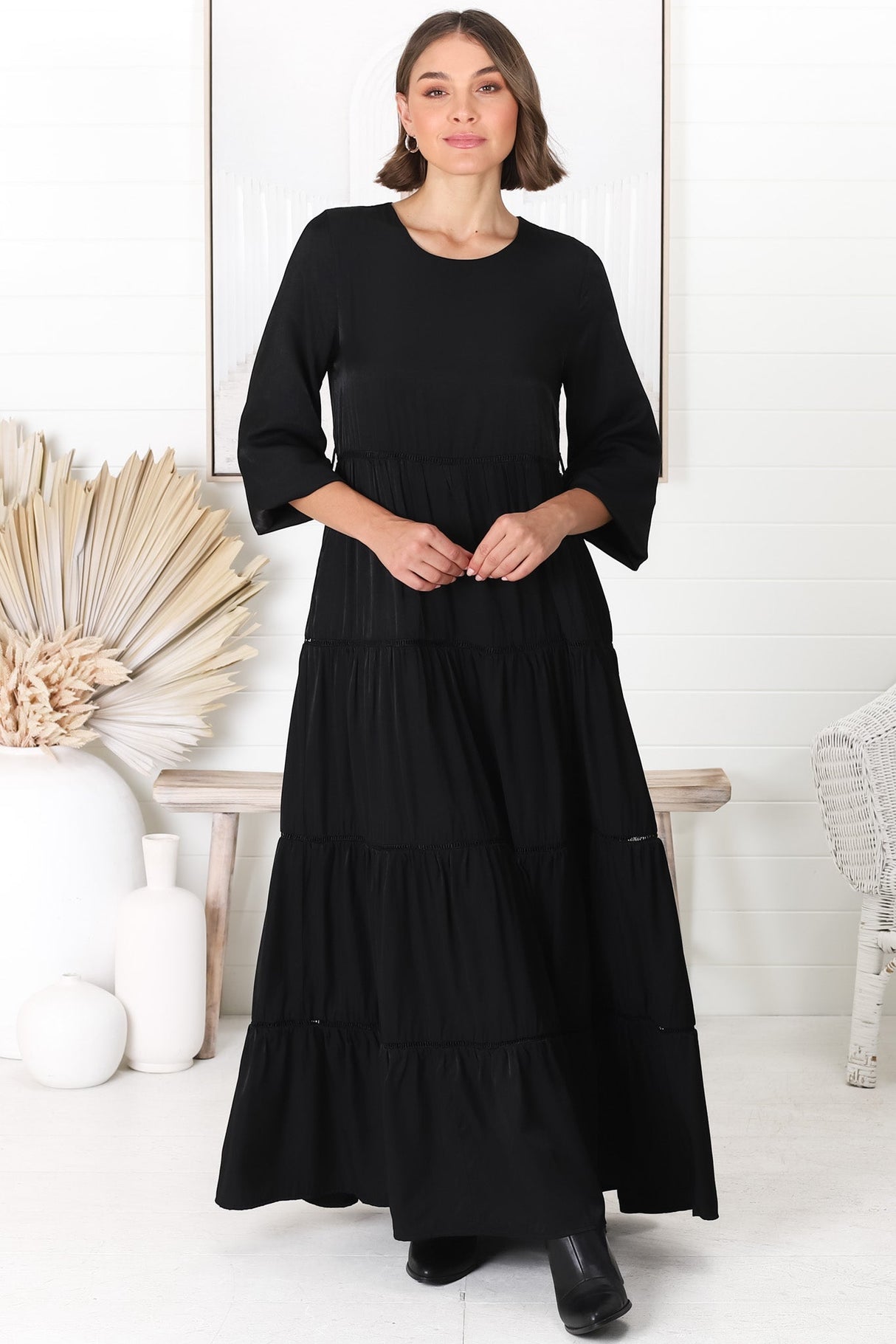 Binita Maxi Dress - Tiered Dress with Matching Belt in Black