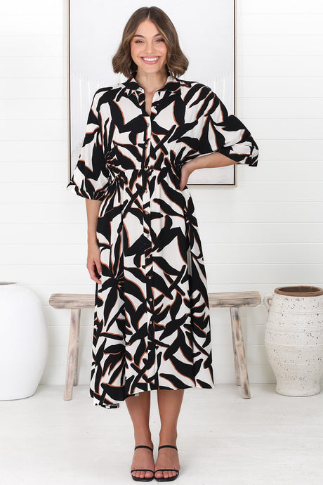 Priya Midi Dress -  V Neck Button Down Dress in Dominica Print