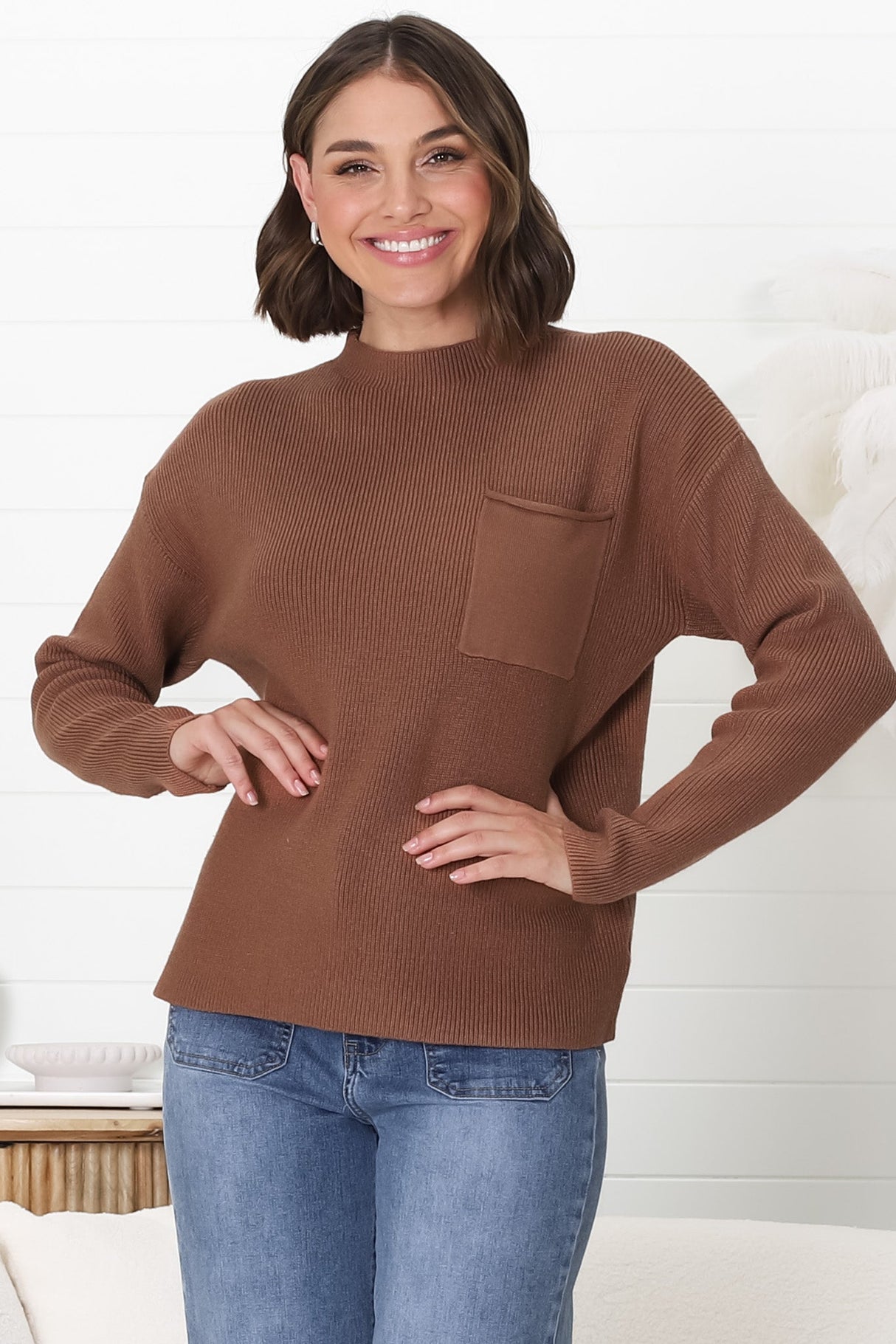 Laney Knit Top - Ribbed Crew Neck Knit Top in Brown