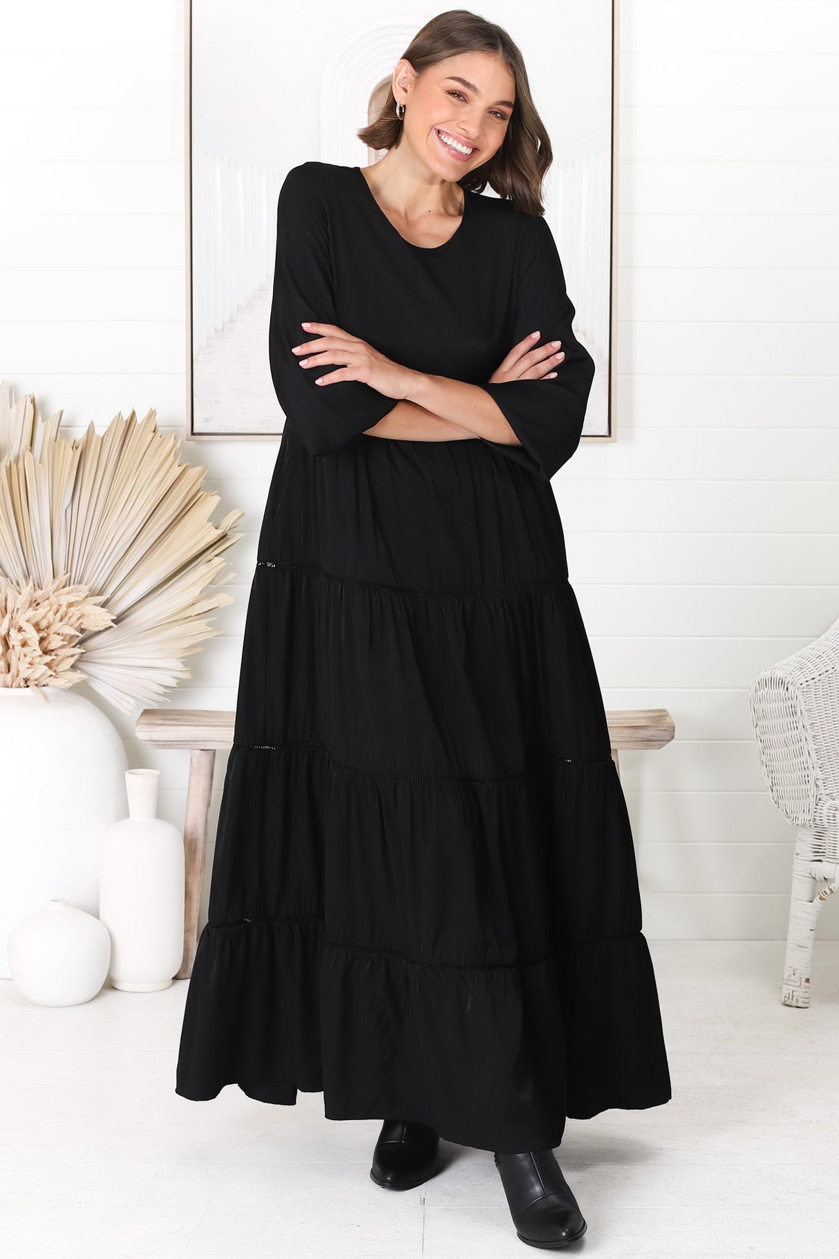 Binita Maxi Dress - Tiered Dress with Matching Belt in Black