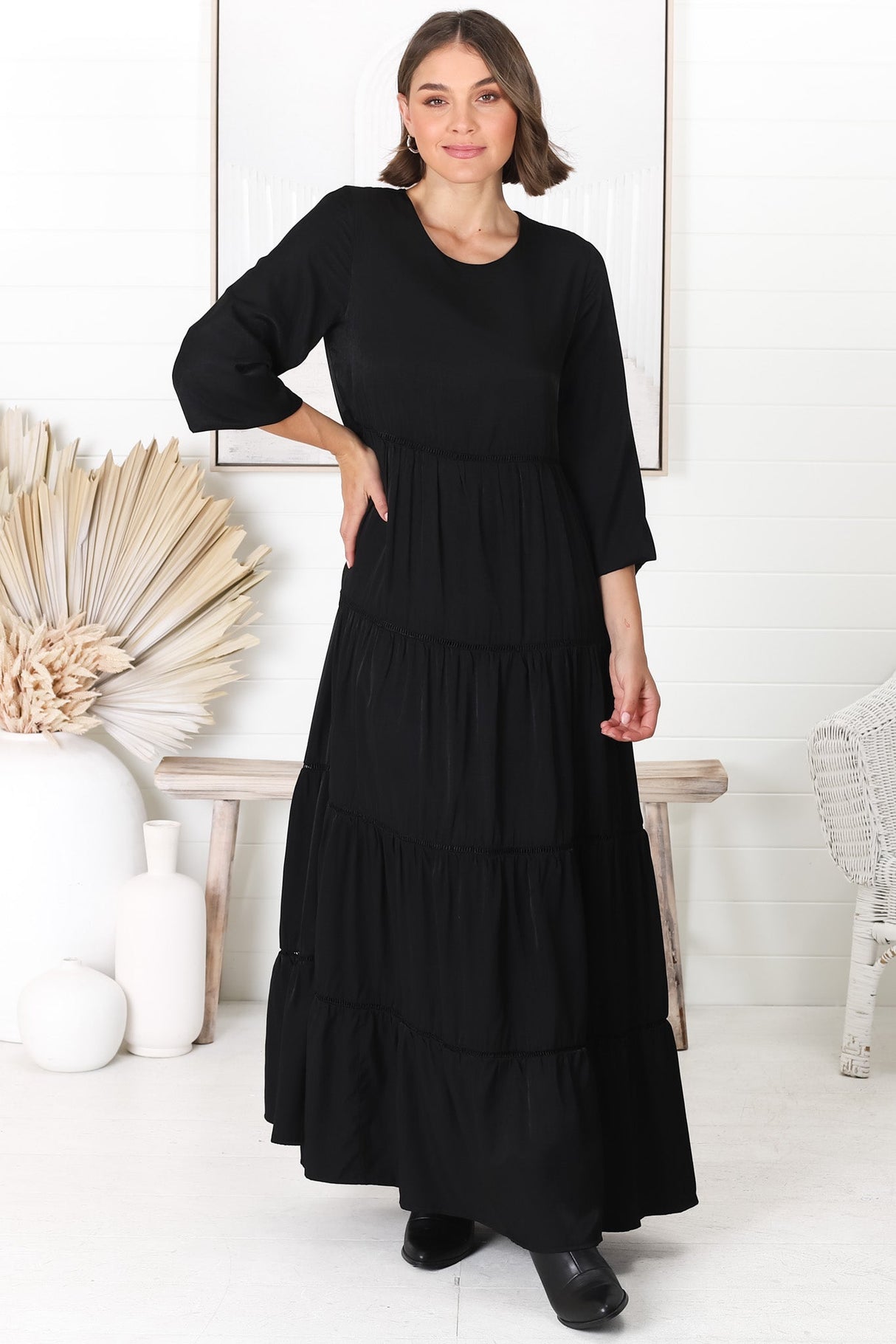 Binita Maxi Dress - Tiered Dress with Matching Belt in Black