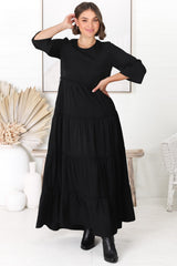 Binita Maxi Dress - Tiered Dress with Matching Belt in Black