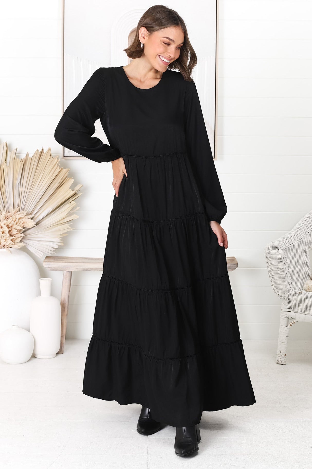 Binita Maxi Dress - Tiered Dress with Matching Belt in Black