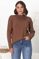 Laney Knit Top - Ribbed Crew Neck Knit Top in Brown