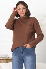 Laney Knit Top - Ribbed Crew Neck Knit Top in Brown