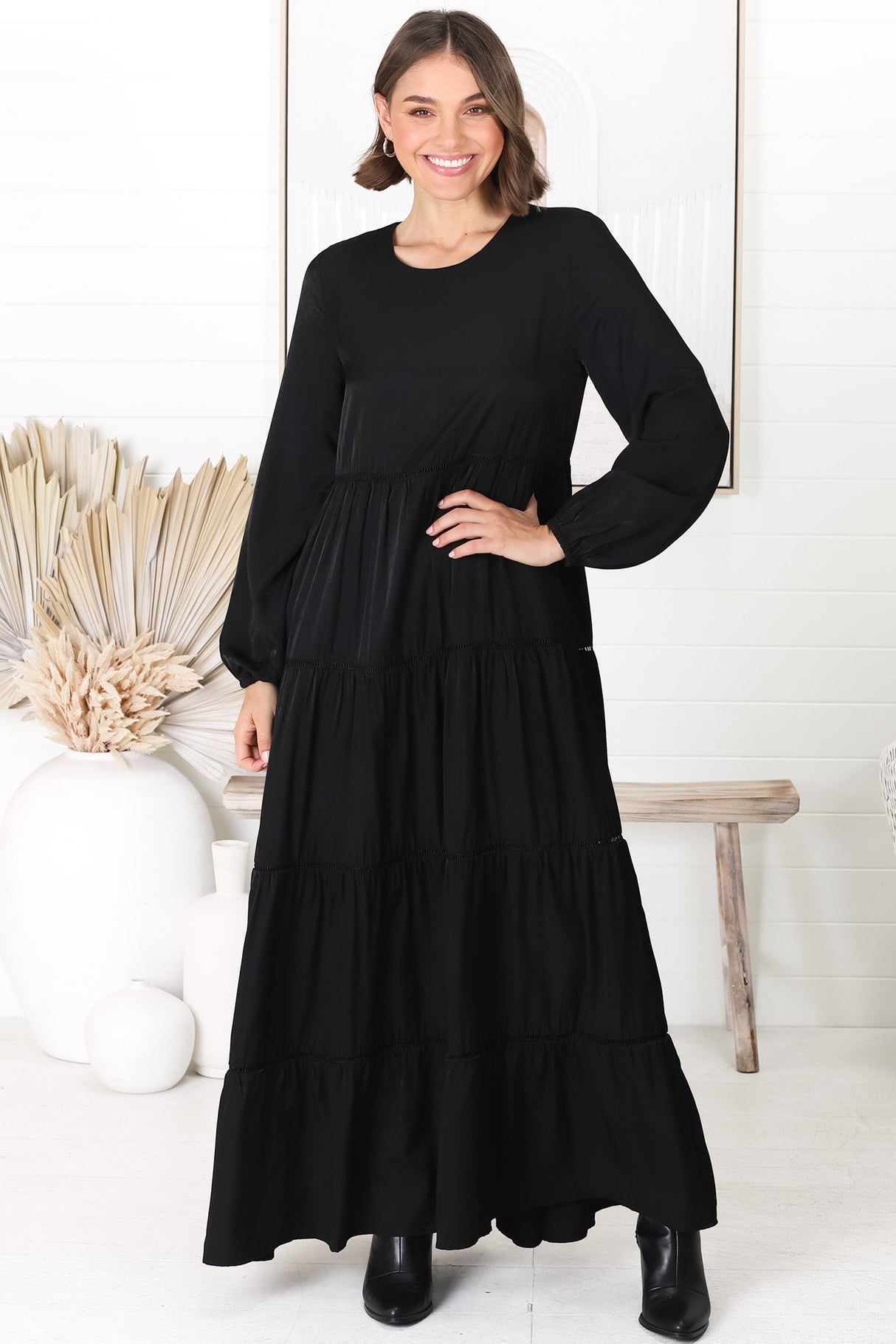 Binita Maxi Dress - Tiered Dress with Matching Belt in Black