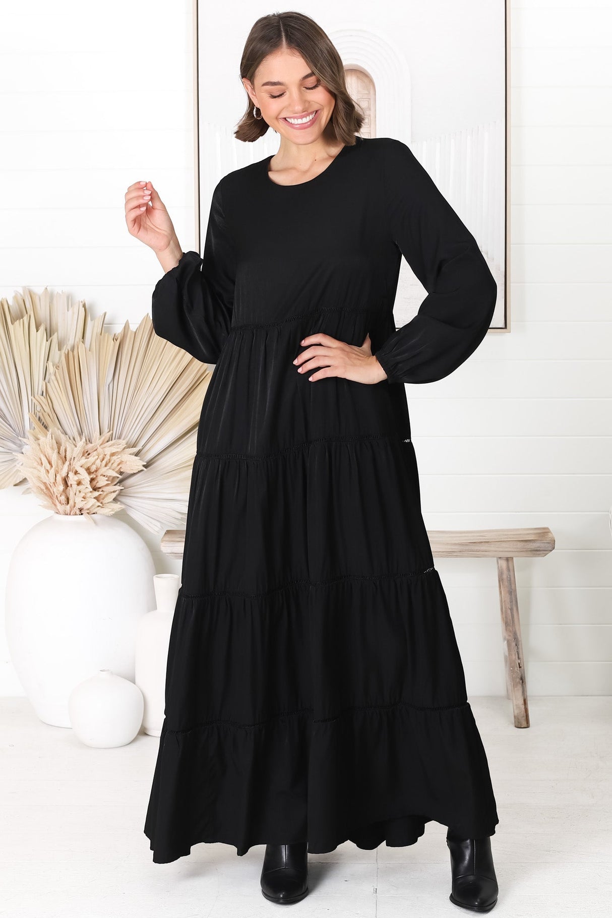 Binita Maxi Dress - Tiered Dress with Matching Belt in Black