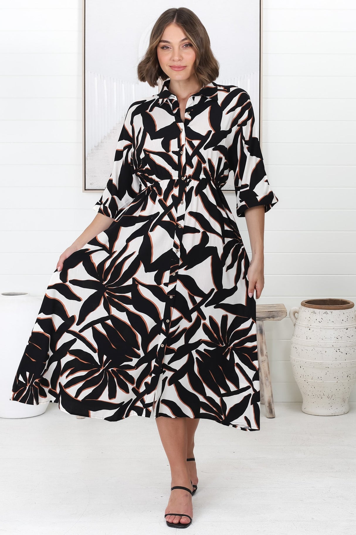 Priya Midi Dress -  V Neck Button Down Dress in Dominica Print