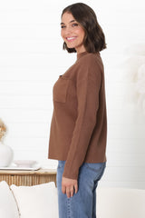 Laney Knit Top - Ribbed Crew Neck Knit Top in Brown