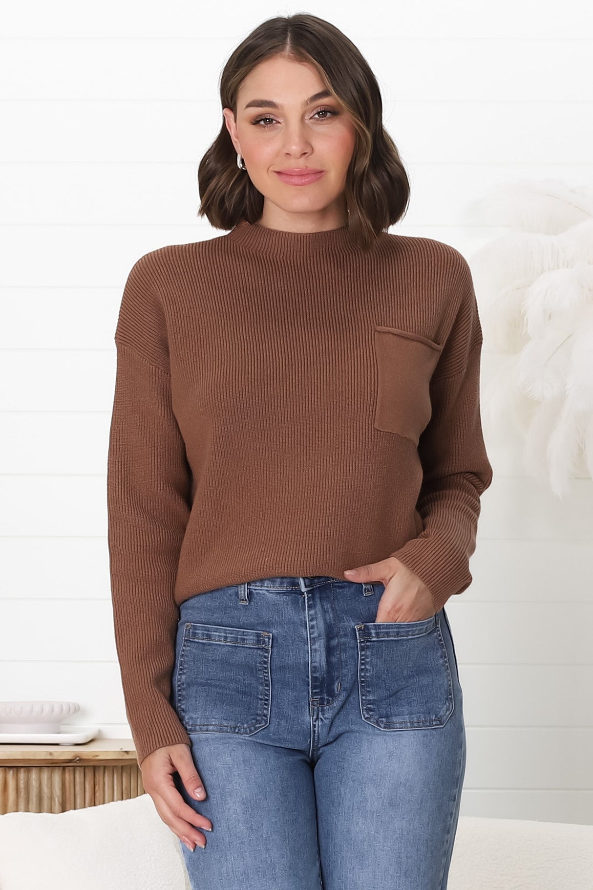 Laney Knit Top - Ribbed Crew Neck Knit Top in Brown