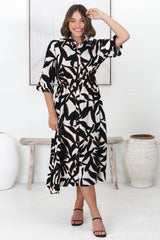 Priya Midi Dress -  V Neck Button Down Dress in Dominica Print