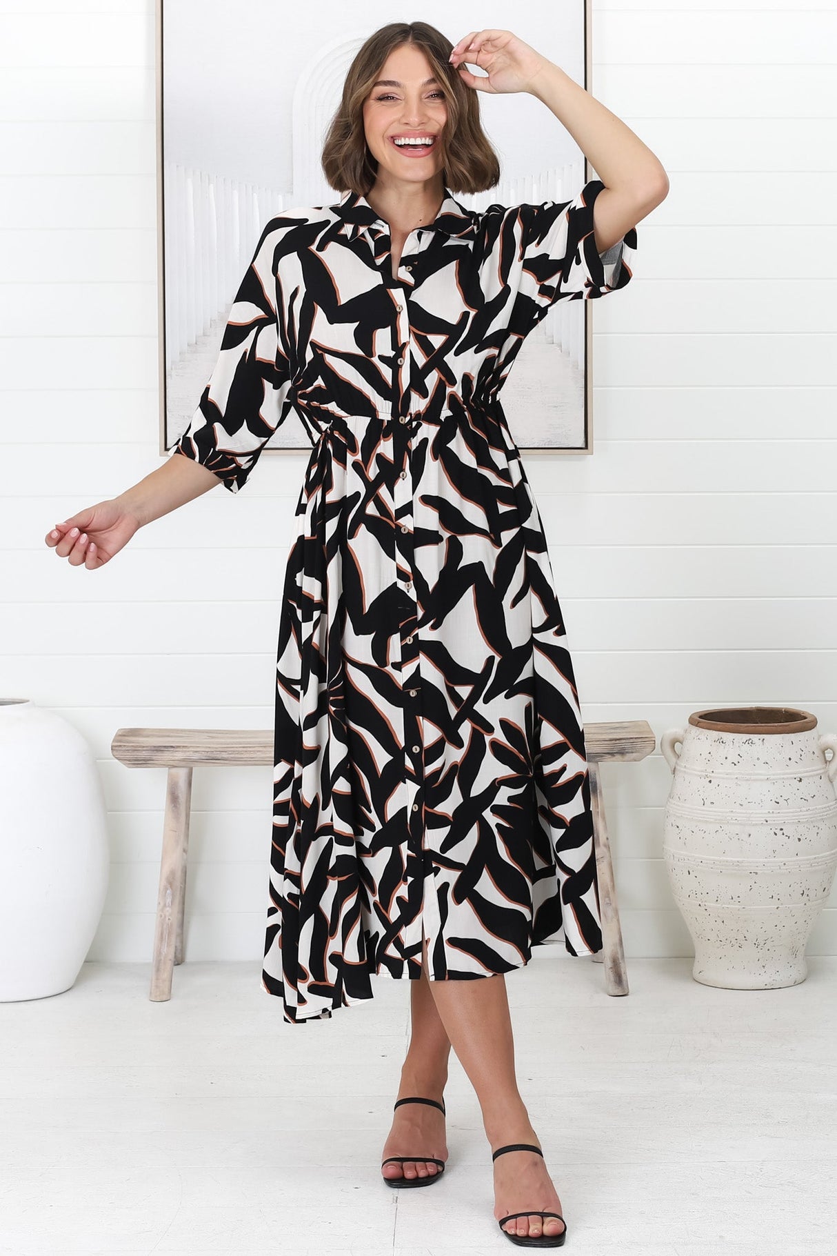 Priya Midi Dress -  V Neck Button Down Dress in Dominica Print