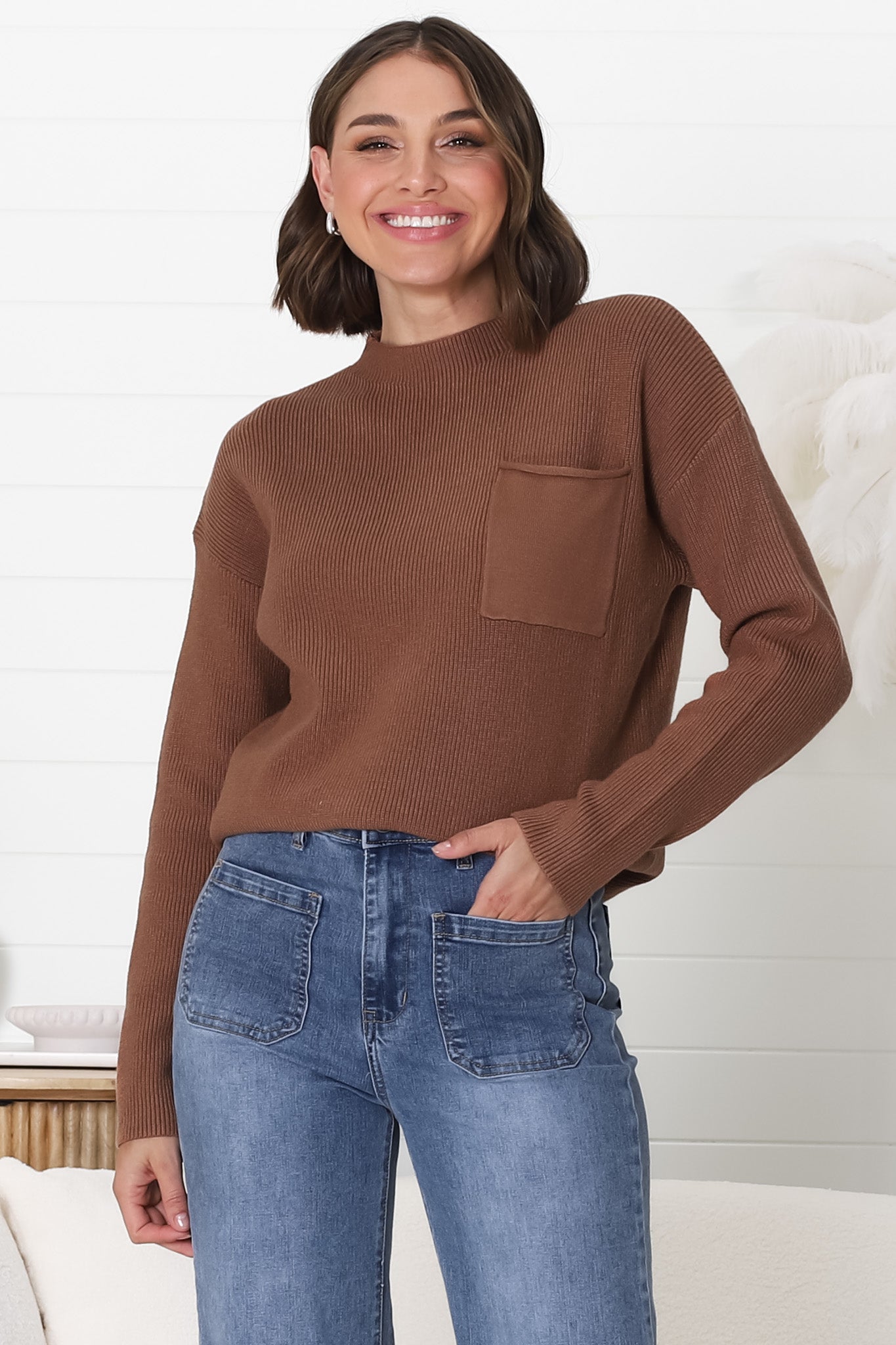 Laney Knit Top - Ribbed Crew Neck Knit Top in Brown