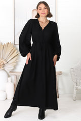 Salma Maxi Dress - Linen Blend Long Sleeve Maxi Dress in Black