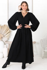 Salma Maxi Dress - Linen Blend Long Sleeve Maxi Dress in Black