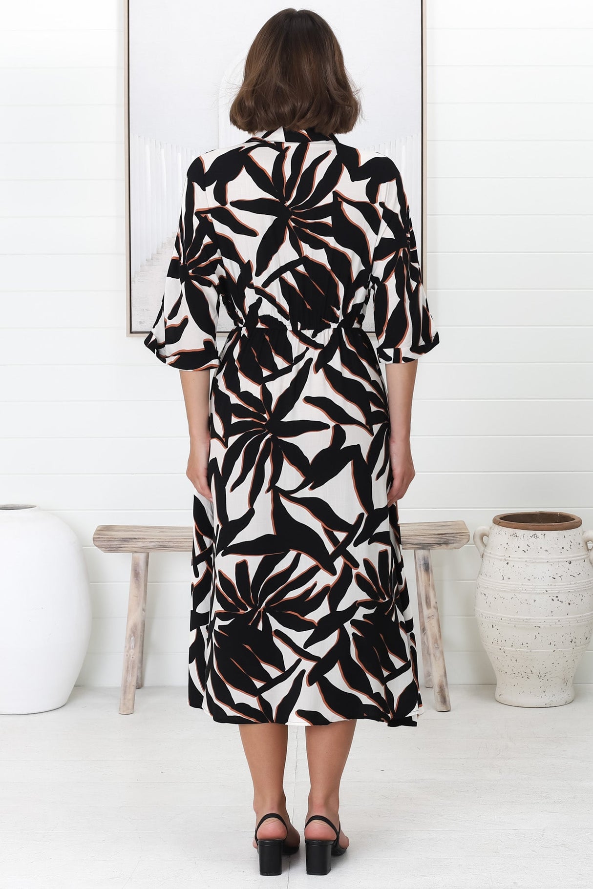 Priya Midi Dress -  V Neck Button Down Dress in Dominica Print