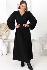 Salma Maxi Dress - Linen Blend Long Sleeve Maxi Dress in Black