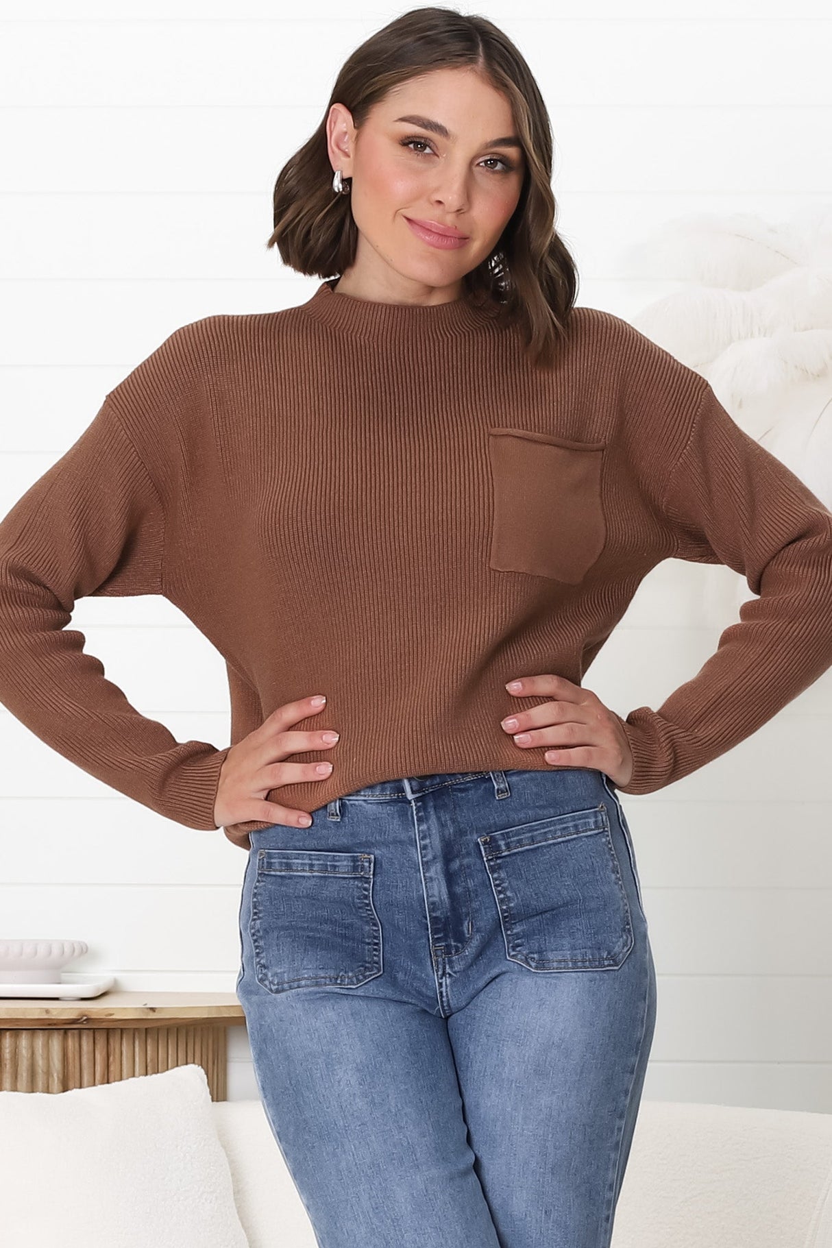 Laney Knit Top - Ribbed Crew Neck Knit Top in Brown