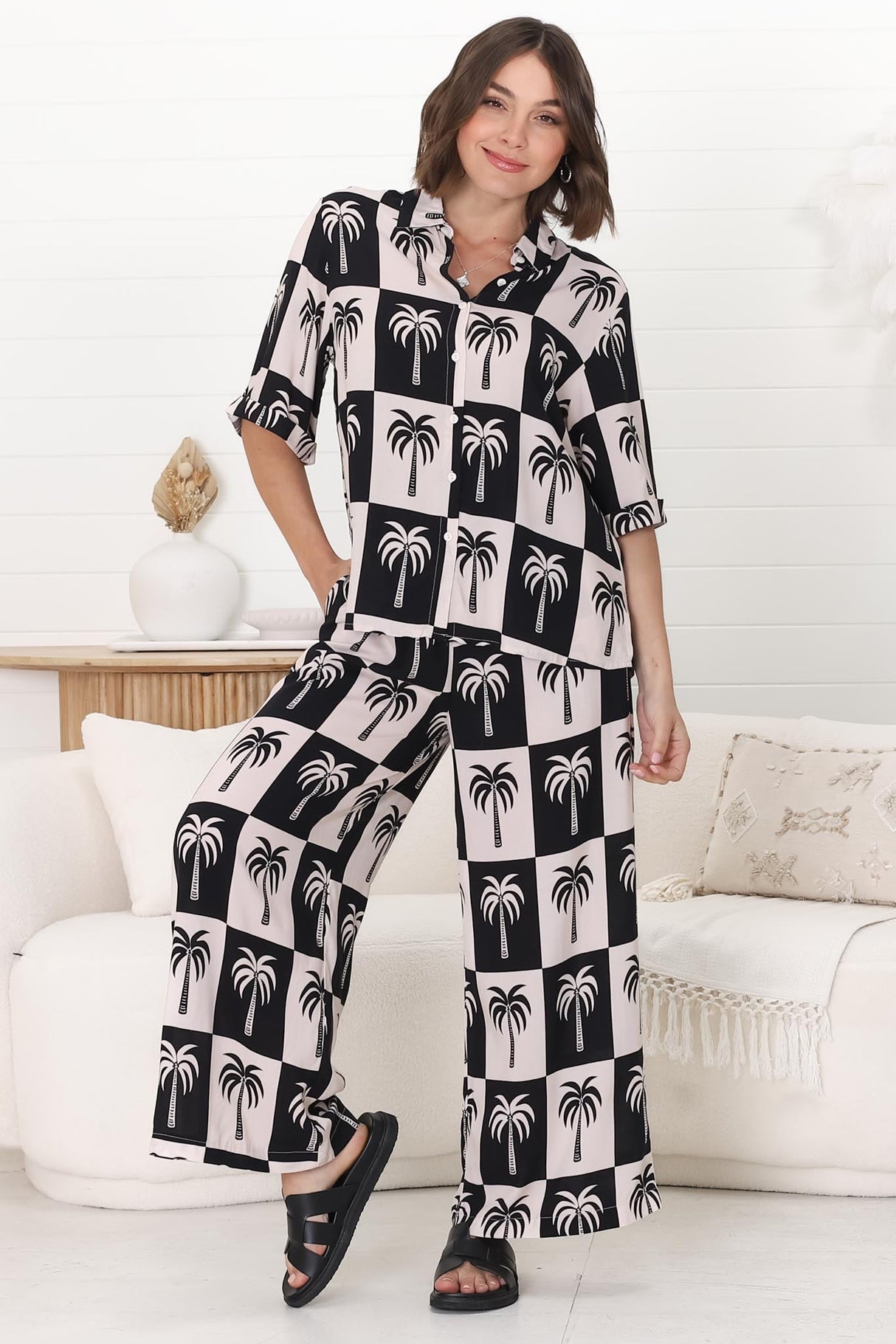 Rayane Collared Shirt and Pants Set - Nohea Print in Black