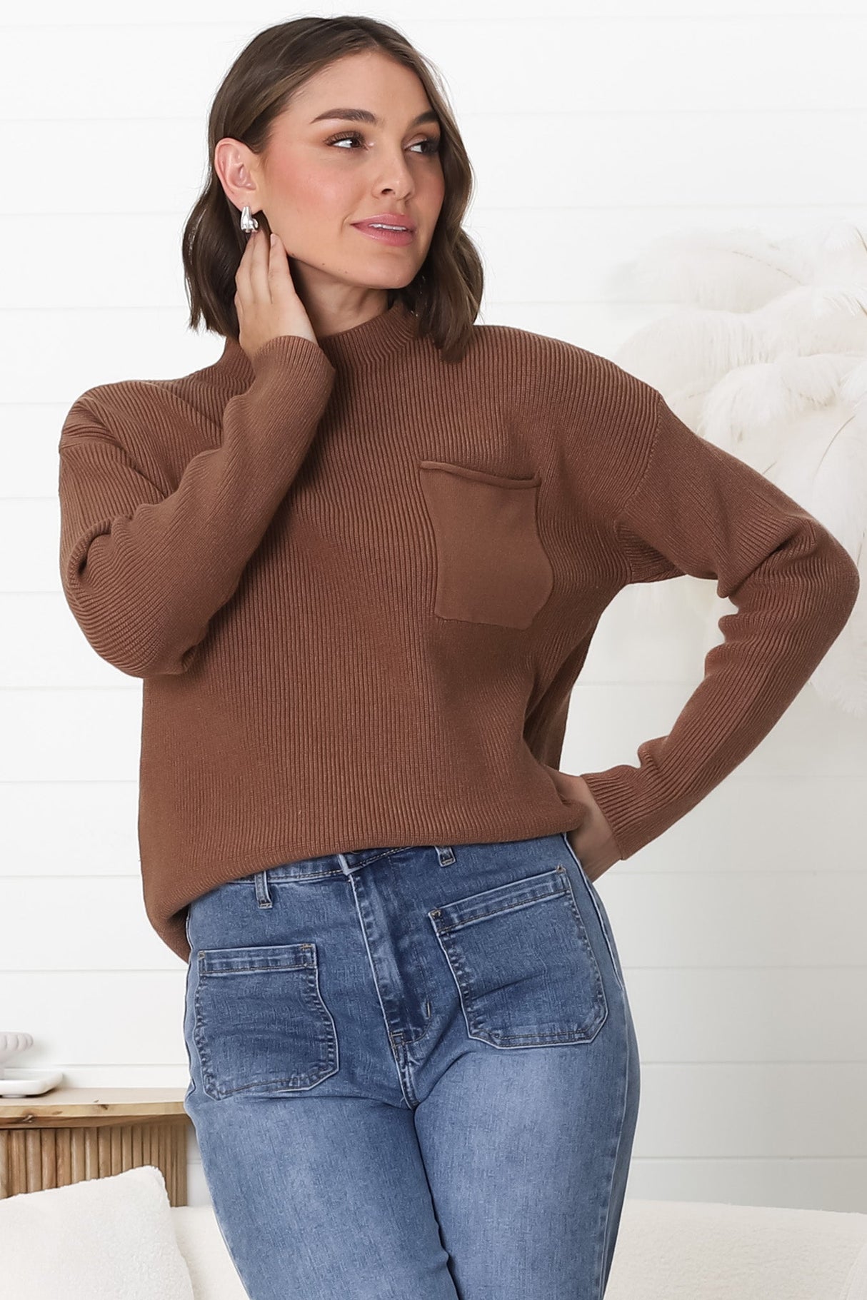 Laney Knit Top - Ribbed Crew Neck Knit Top in Brown