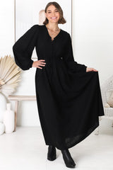 Salma Maxi Dress - Linen Blend Long Sleeve Maxi Dress in Black