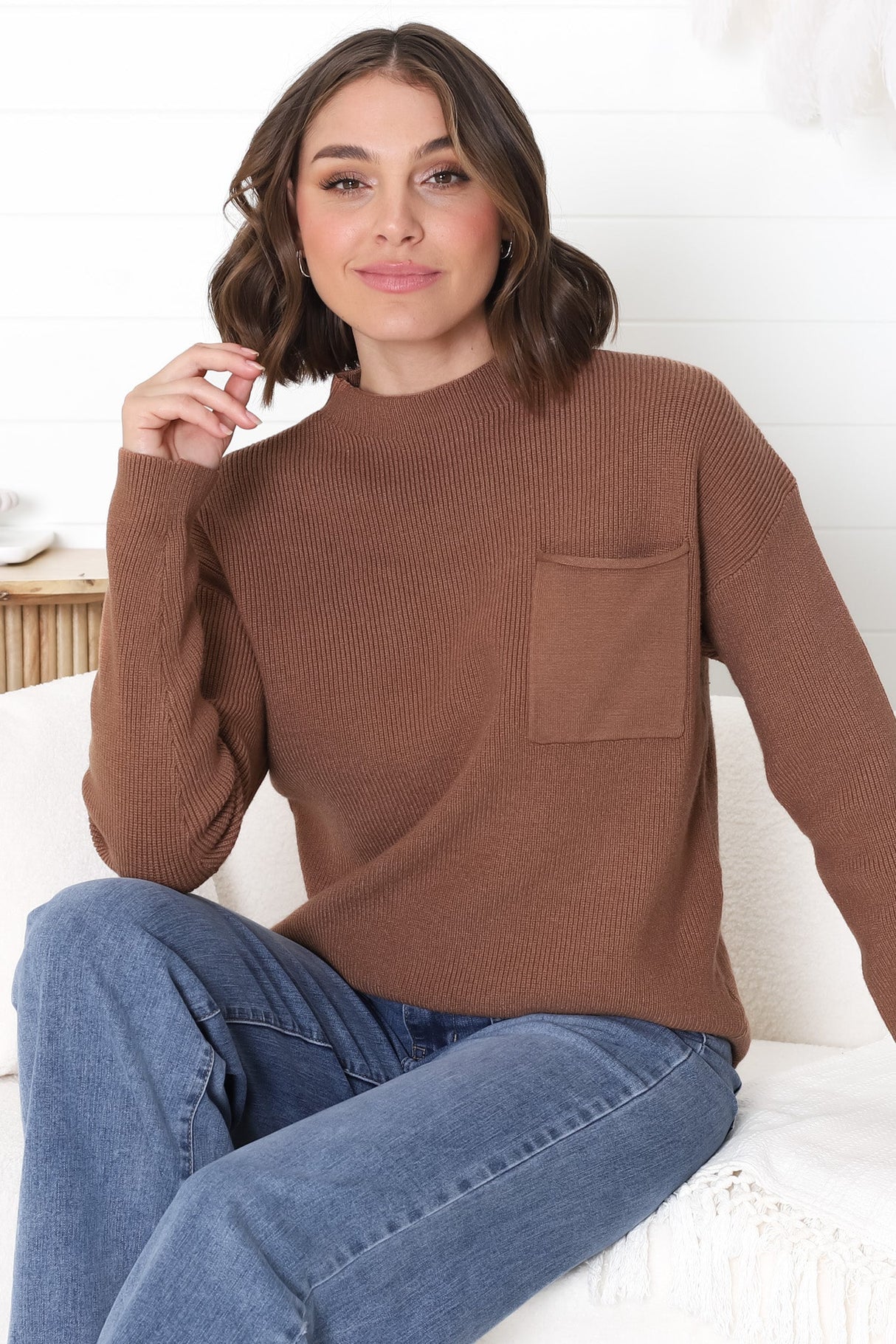 Laney Knit Top - Ribbed Crew Neck Knit Top in Brown