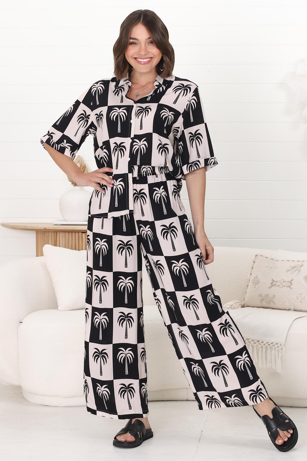 Rayane Collared Shirt and Pants Set - Nohea Print in Black