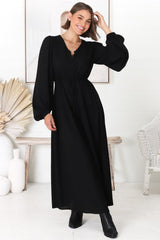 Salma Maxi Dress - Linen Blend Long Sleeve Maxi Dress in Black