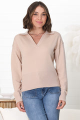 Jamerson Jumper - Collared V Neck Ribbed Hem Jumper in Beige