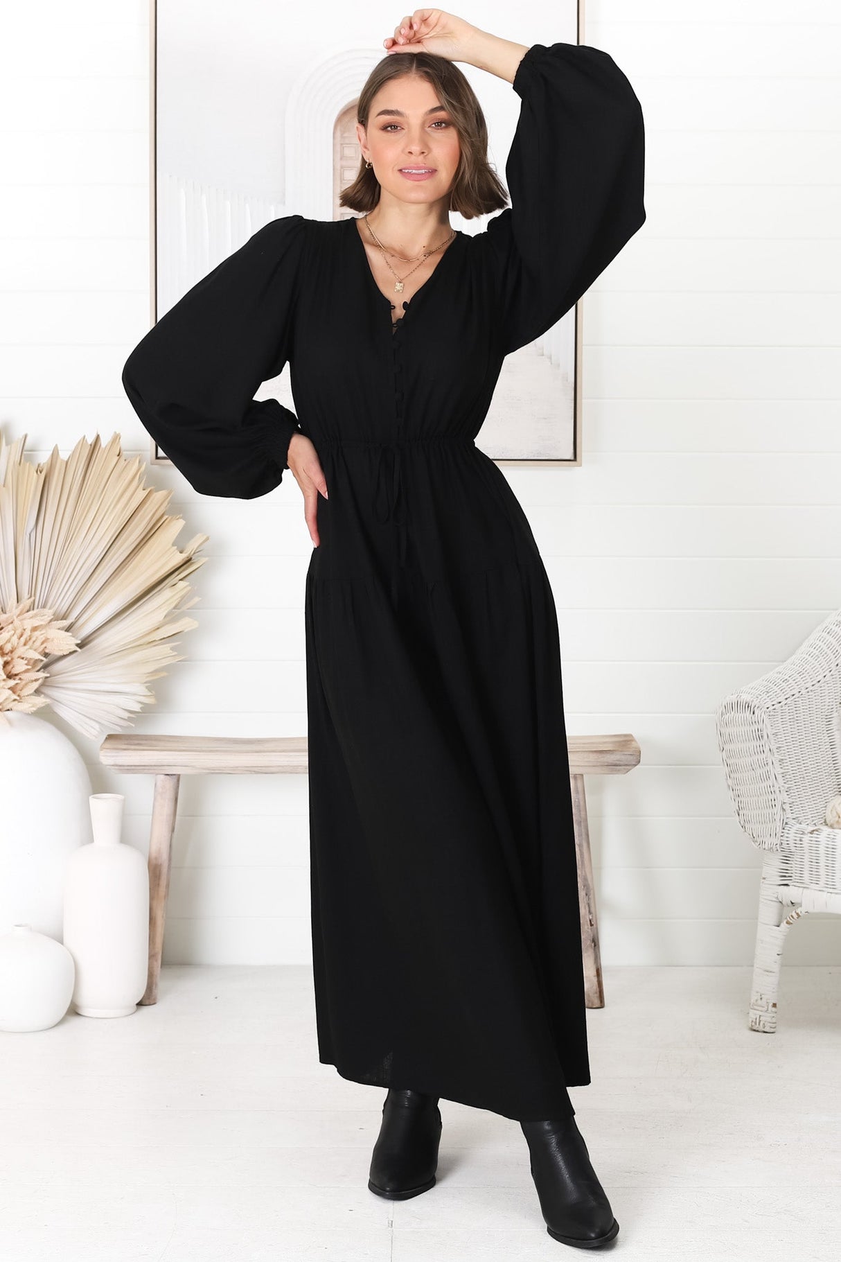 Salma Maxi Dress - Linen Blend Long Sleeve Maxi Dress in Black