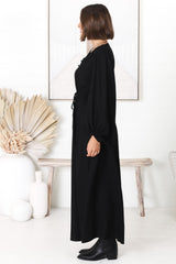 Salma Maxi Dress - Linen Blend Long Sleeve Maxi Dress in Black