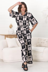 Rayane Collared Shirt and Pants Set - Nohea Print in Black