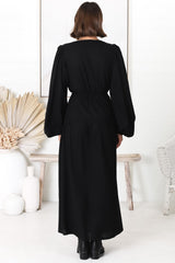 Salma Maxi Dress - Linen Blend Long Sleeve Maxi Dress in Black