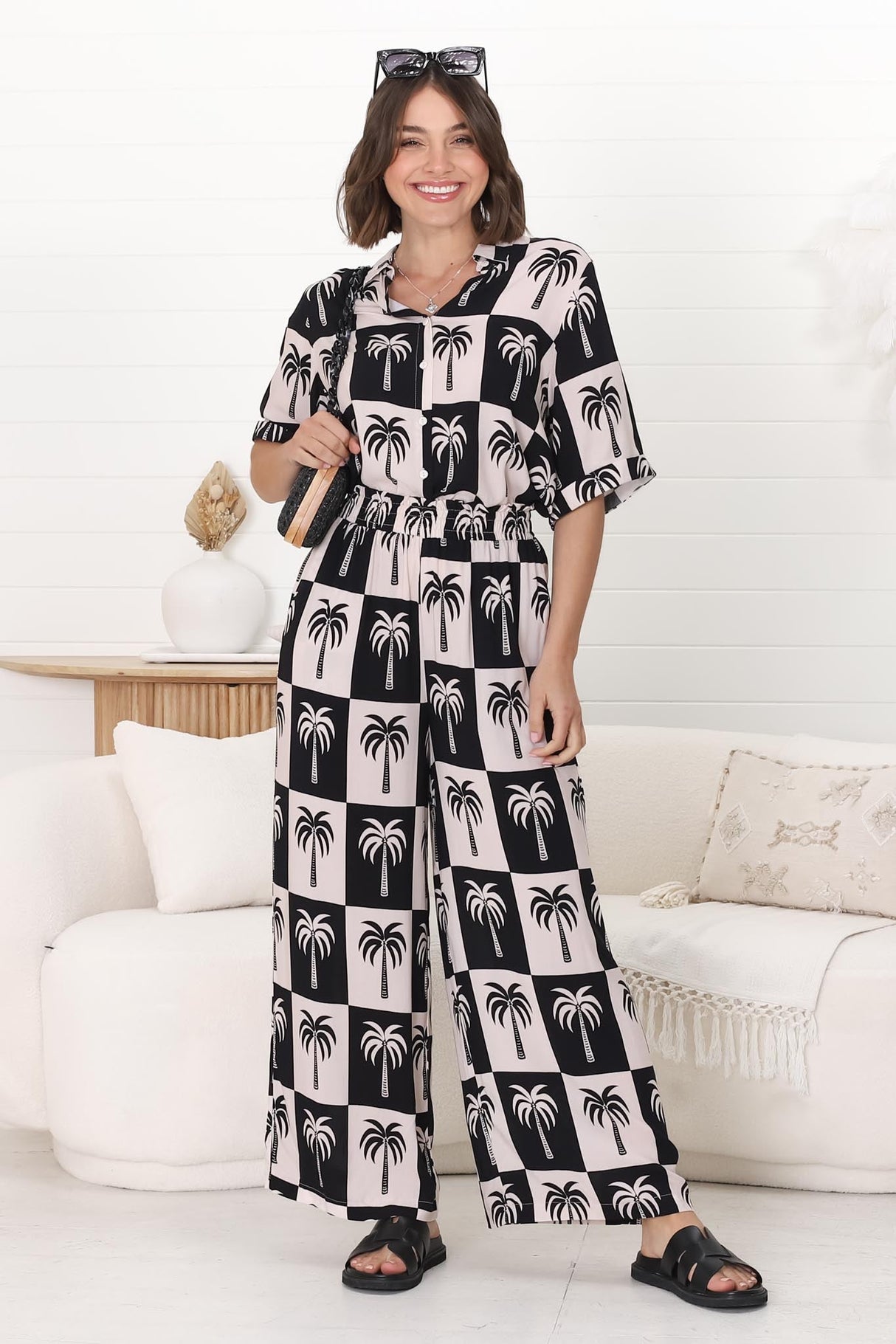 Rayane Collared Shirt and Pants Set - Nohea Print in Black