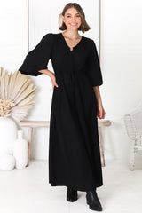 Salma Maxi Dress - Linen Blend Long Sleeve Maxi Dress in Black