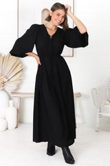 Salma Maxi Dress - Linen Blend Long Sleeve Maxi Dress in Black