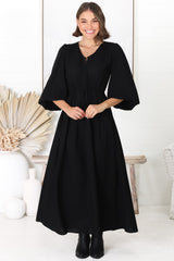 Salma Maxi Dress - Linen Blend Long Sleeve Maxi Dress in Black