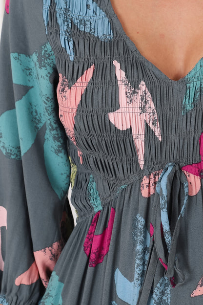Jaden Midi Dress - Elasticated Bodice A Line Dress in Amrin Print Grey